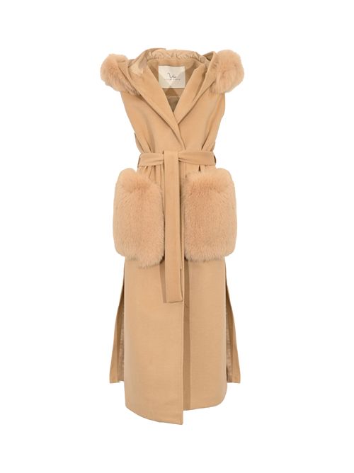 Cappotto gilet CD1204 effetto lana con pelliccia di volpe Camel YES LONDON | CD1204CAMEL